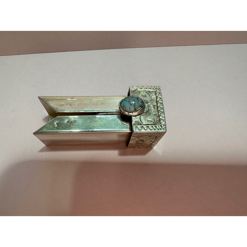Vintage Art Deco Italian 800 Silver Lipstick Compact Mirror Etched Floral Stone - Picture 8 of 9